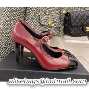 Elegant Chanel Shiny Calfskin High Heel Mary Janes Pumps 8.5cm 021583 Burgundy