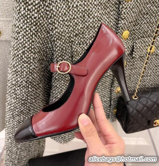 Elegant Chanel Shiny Calfskin High Heel Mary Janes Pumps 8.5cm 021583 Burgundy