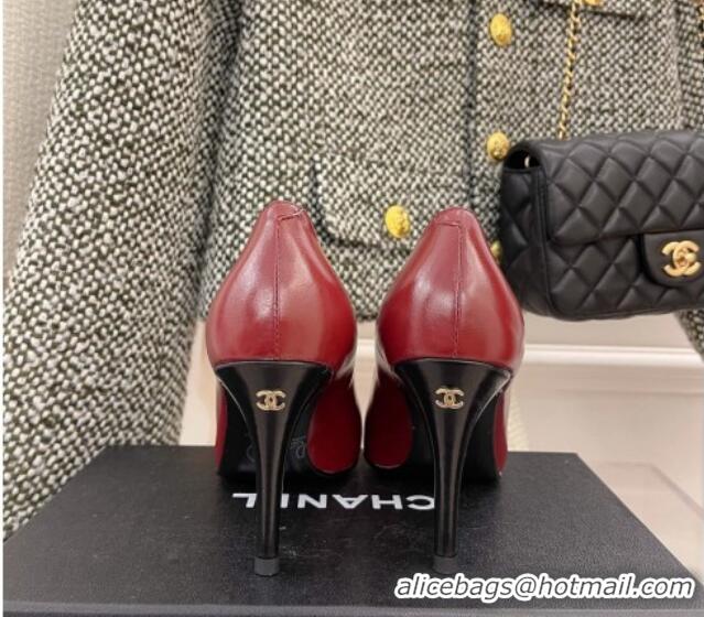 Elegant Chanel Shiny Calfskin High Heel Mary Janes Pumps 8.5cm 021583 Burgundy