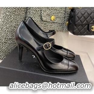 Top Quality Chanel Shiny Calfskin High Heel Mary Janes Pumps 8.5cm 021583 Black