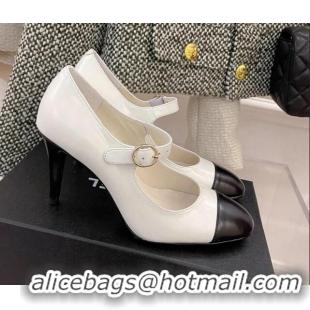 Grade Chanel Shiny Calfskin High Heel Mary Janes Pumps 8.5cm 021583 White