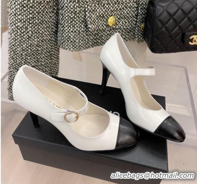 Grade Chanel Shiny Calfskin High Heel Mary Janes Pumps 8.5cm 021583 White