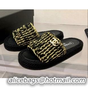 Best Product Chanel Braided Knit Flat Slide Sandals G38189 Black/Gold