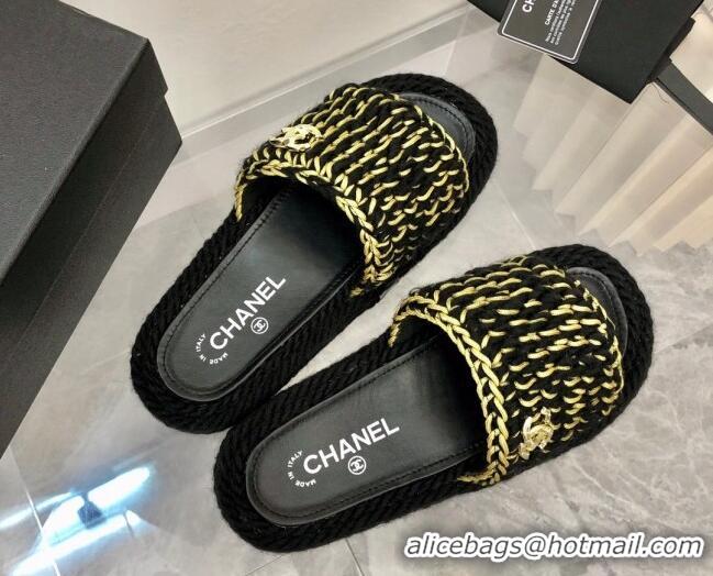 Best Product Chanel Braided Knit Flat Slide Sandals G38189 Black/Gold