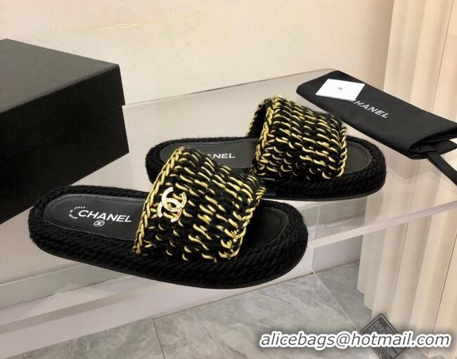 Best Product Chanel Braided Knit Flat Slide Sandals G38189 Black/Gold