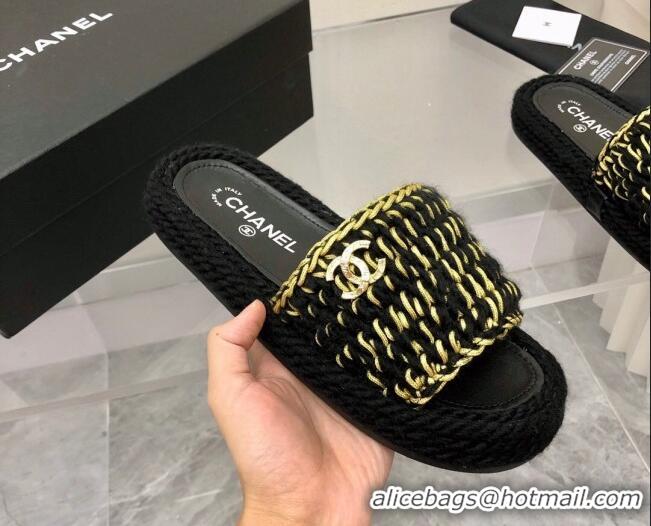 Best Product Chanel Braided Knit Flat Slide Sandals G38189 Black/Gold