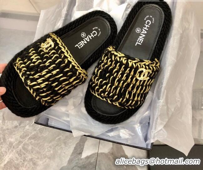 Best Product Chanel Braided Knit Flat Slide Sandals G38189 Black/Gold