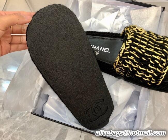 Best Product Chanel Braided Knit Flat Slide Sandals G38189 Black/Gold