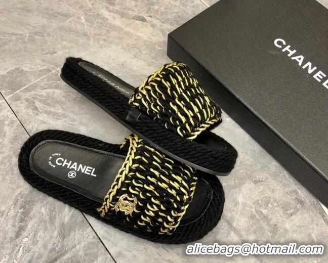 Best Product Chanel Braided Knit Flat Slide Sandals G38189 Black/Gold