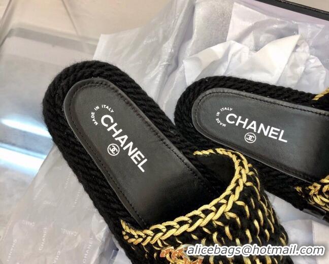 Best Product Chanel Braided Knit Flat Slide Sandals G38189 Black/Gold