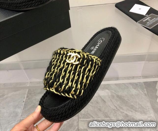 Best Product Chanel Braided Knit Flat Slide Sandals G38189 Black/Gold