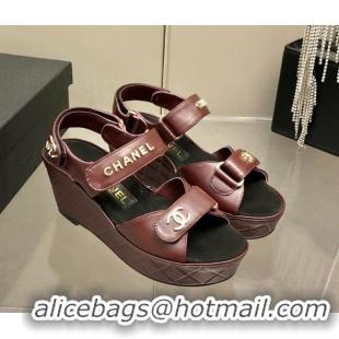 Best Luxury Chanel Leather Wedge Sandals 021820 Burgundy