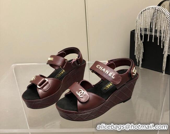 Best Luxury Chanel Leather Wedge Sandals 021820 Burgundy