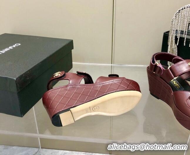 Best Luxury Chanel Leather Wedge Sandals 021820 Burgundy