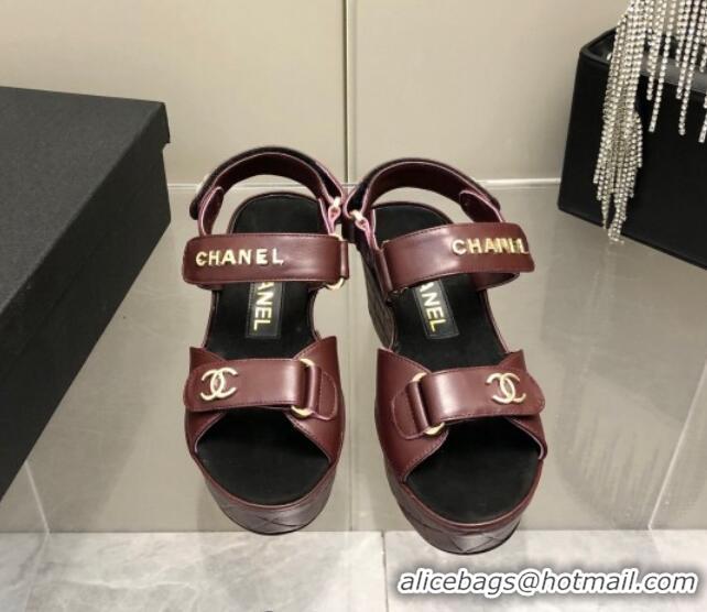 Best Luxury Chanel Leather Wedge Sandals 021820 Burgundy