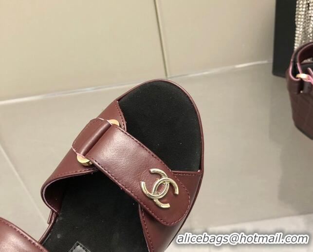 Best Luxury Chanel Leather Wedge Sandals 021820 Burgundy