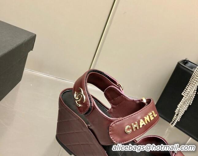 Best Luxury Chanel Leather Wedge Sandals 021820 Burgundy