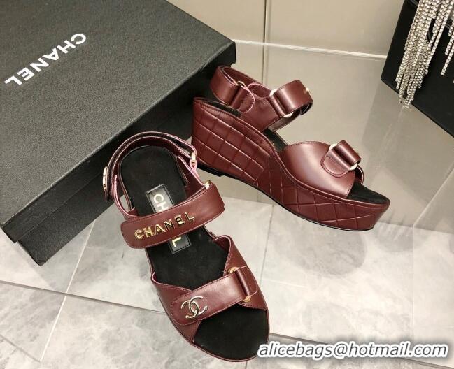 Best Luxury Chanel Leather Wedge Sandals 021820 Burgundy