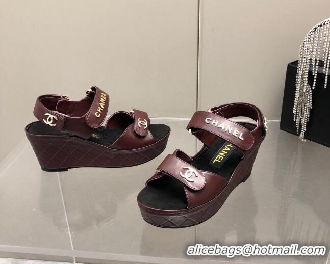 Best Luxury Chanel Leather Wedge Sandals 021820 Burgundy