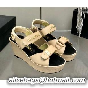 Discount Chanel Leather Wedge Sandals 021820 Beige