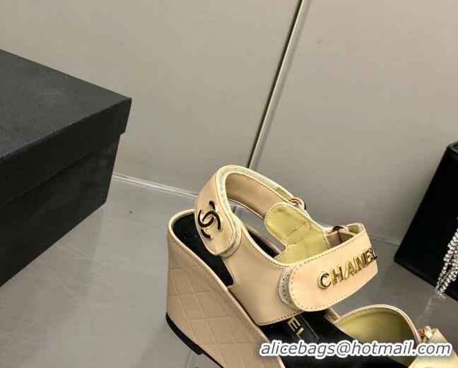 Discount Chanel Leather Wedge Sandals 021820 Beige