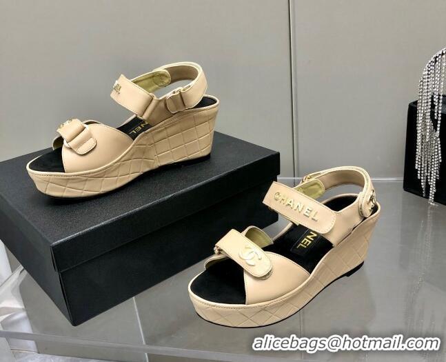 Discount Chanel Leather Wedge Sandals 021820 Beige