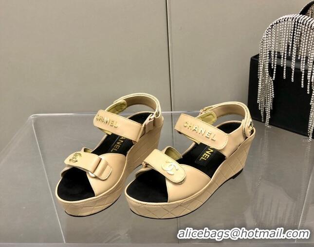 Discount Chanel Leather Wedge Sandals 021820 Beige