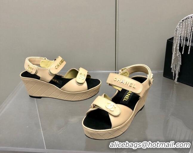 Discount Chanel Leather Wedge Sandals 021820 Beige