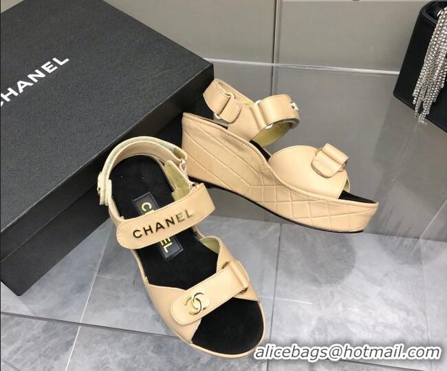 Discount Chanel Leather Wedge Sandals 021820 Beige