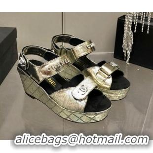 Good Quality Chanel Leather Wedge Sandals 021820 Gold