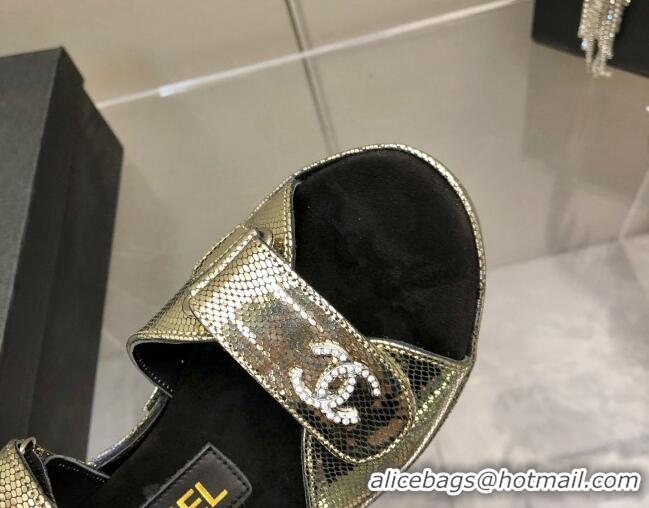 Good Quality Chanel Leather Wedge Sandals 021820 Gold