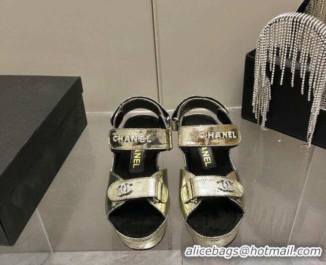 Good Quality Chanel Leather Wedge Sandals 021820 Gold