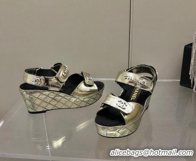 Good Quality Chanel Leather Wedge Sandals 021820 Gold