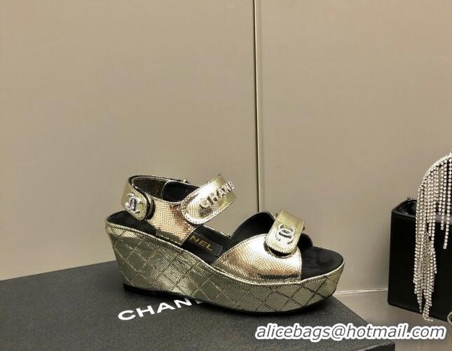 Good Quality Chanel Leather Wedge Sandals 021820 Gold