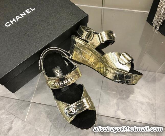 Good Quality Chanel Leather Wedge Sandals 021820 Gold