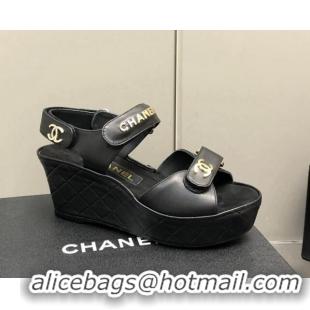 Classic Practical Chanel Leather Wedge Sandals 021820 Black