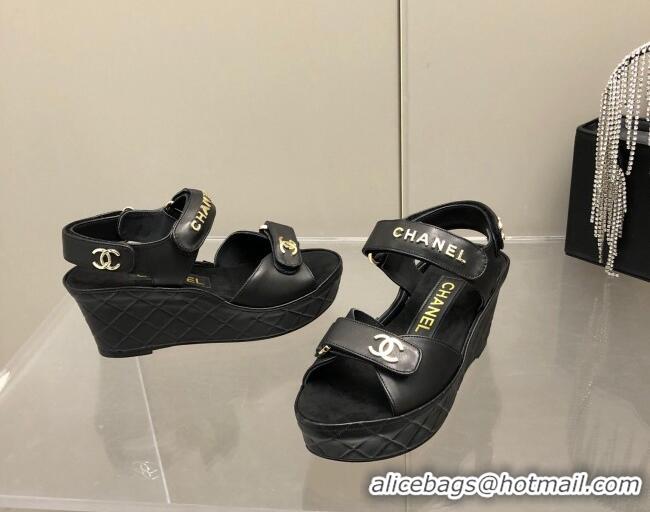 Classic Practical Chanel Leather Wedge Sandals 021820 Black