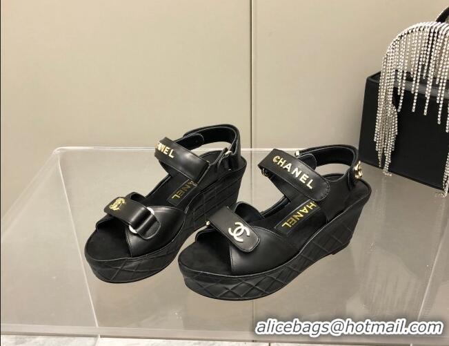 Classic Practical Chanel Leather Wedge Sandals 021820 Black