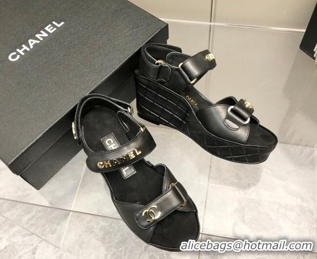 Classic Practical Chanel Leather Wedge Sandals 021820 Black