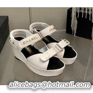 Best Price Chanel Leather Wedge Sandals 021820 White