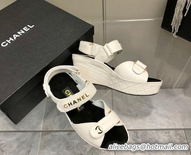 Best Price Chanel Leather Wedge Sandals 021820 White