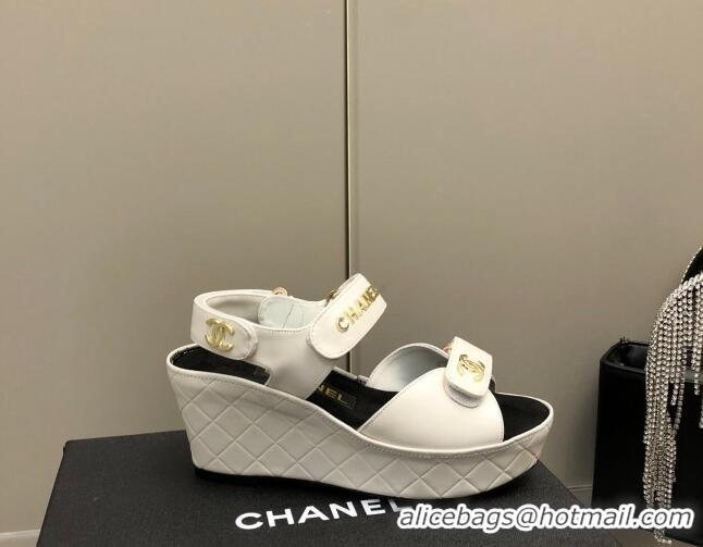 Best Price Chanel Leather Wedge Sandals 021820 White