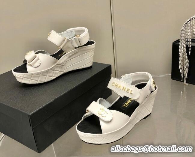 Best Price Chanel Leather Wedge Sandals 021820 White