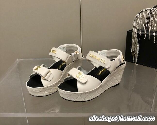 Best Price Chanel Leather Wedge Sandals 021820 White