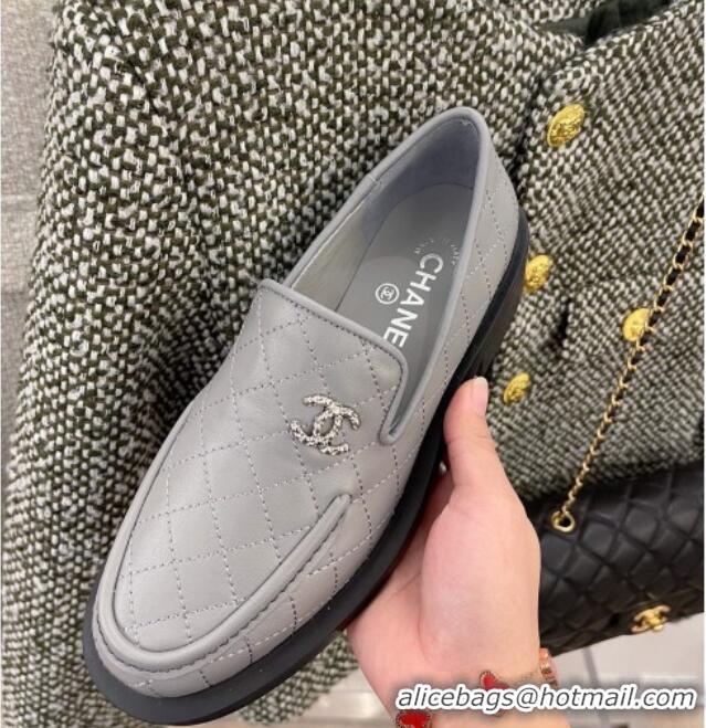 Funny Chanel Quilted Leather Loafers 021827 Gray