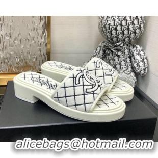 Good Quality Chanel Quilted Towel Fabric Slide Sandals 2cm 021835 White