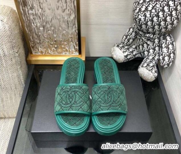 Classic Hot Chanel Quilted Towel Fabric Slide Sandals 2cm 021835 Green