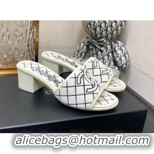 Most Popular Chanel Quilted Towel Fabric Slide Sandals 4cm 021839 White 