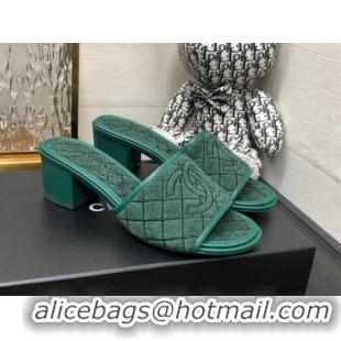 Luxurious Chanel Quilted Towel Fabric Slide Sandals 4cm 021839 Green