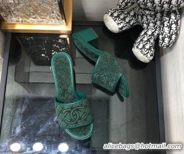 Luxurious Chanel Quilted Towel Fabric Slide Sandals 4cm 021839 Green